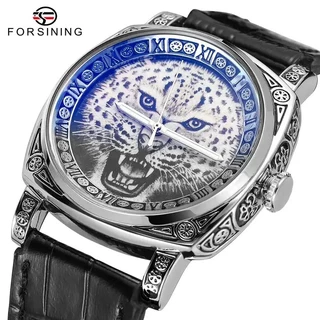 FORSINING 2023 Novo Relógio Mecânico Automático Masculino Moda Lazer Dragão Tigre Leopardo Pirata Padrão Cinto De Couro Steampunk Clássico