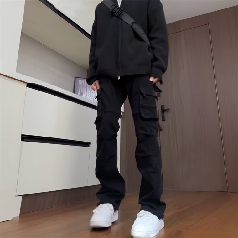 Americano High Street Casual macacão masculino preto S-3XL outono Street Wear estilo preto ligeiramente elástico mais ma