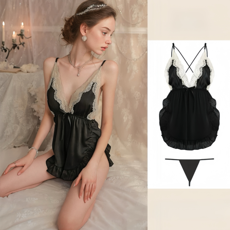 Feminino Sexy Renda Guarnição Profundo V Oco Lingerie Sem Costas Sedutor Cami Vestido , Adequado Para Uso Doméstico