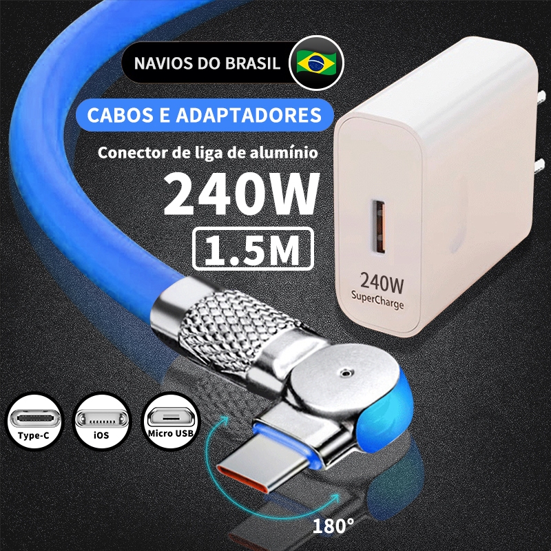 Cabo de dados de carregamento rápido V8 Micro USB iP Tipo C Cabo de carregamento rápido Rotação de 180° 1,5 M com adaptador de 240 W Compatível com Android