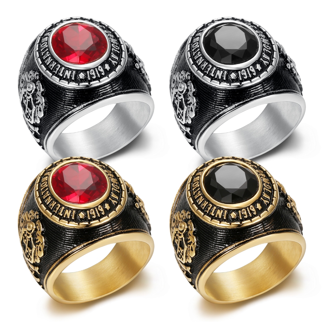 Anel Masculino Demolay Bull Sólido Aço Inoxidável Preto Vermelho Pedra Preciosa Tamanho 7-13