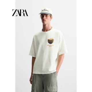 ZARA Nova Camiseta Masculina De Algodão Branco Com Estampa Solta E Gola Redonda De Manga Curta 0495317