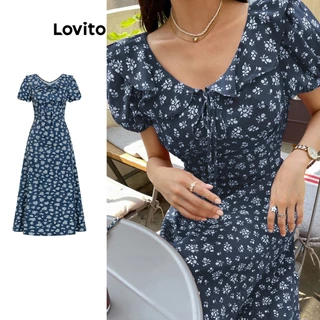 Lovito Vestido elegante com babados e estrutura simples para mulheres L100MD429