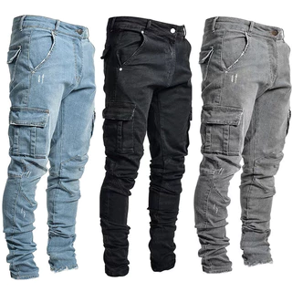 Calça Jeans Masculina Cargo Casual Slim Fit Rasgada Desgastada Stretch Skinny