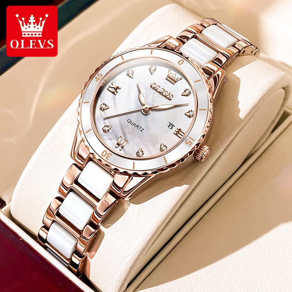 OLEVS 9985 Nova Marca De Luxo Cerâmica Relógio Feminino Elegante Rosa Ouro Diamante À Prova