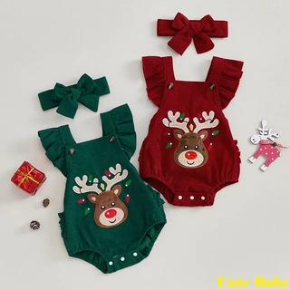 Macacão De Natal Para Bebês Meninas Eph-Toddler Com Manga Voadora E Bordado De Alce Faixa Cabeça