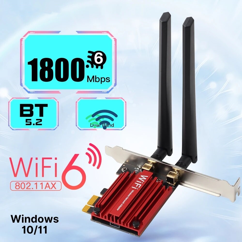 Adaptador PCIE Sem Fio WiFi6 AX1800 1800Mbps BT5.2 Banda Dupla 2.4G/5Ghz 802.11AX Placa De Rede Wi-Fi Para Desktop PC Wi