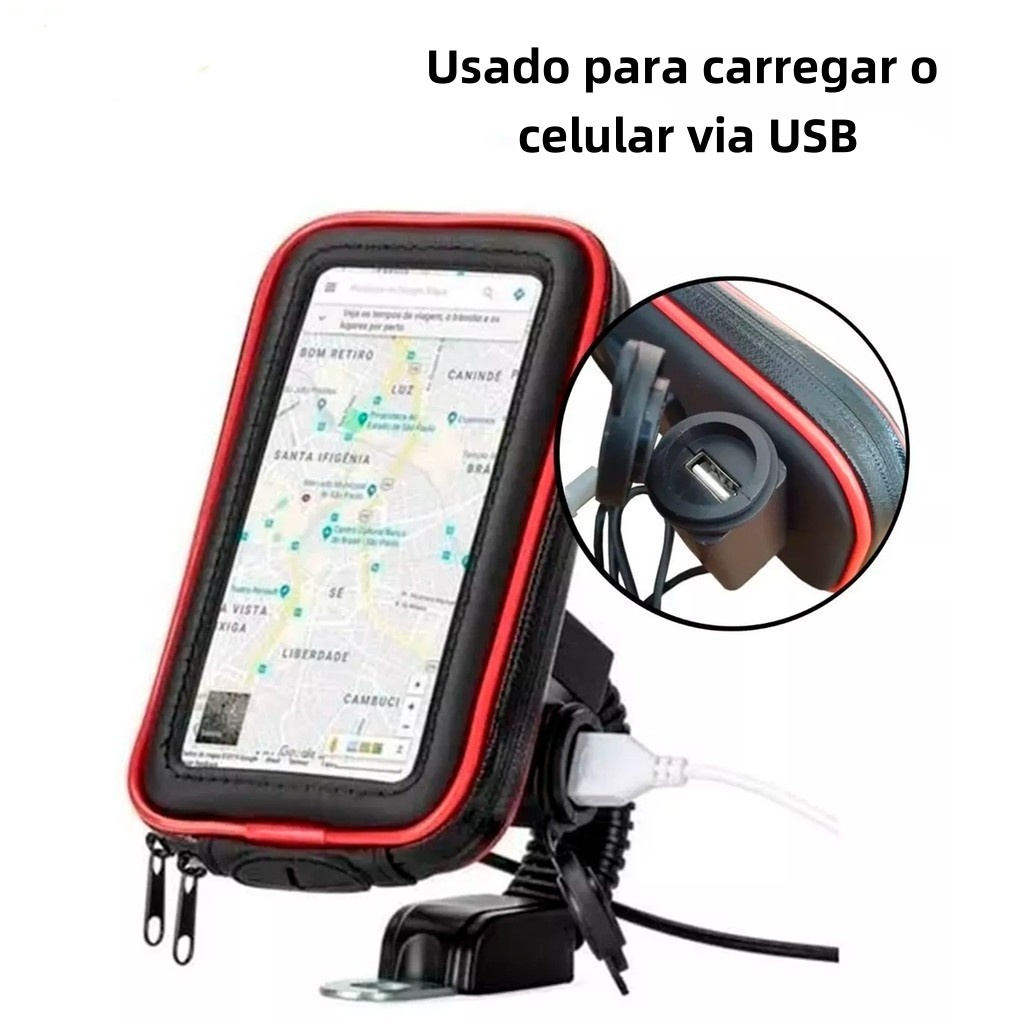Suporte de telefone para bicicleta e motocicleta Suporte de carregamento USB à prova d'água com rotação de 360°