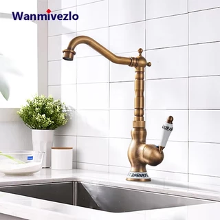 Torneira de cozinha Antique Brass Deck Mount Banheiro quente e frio