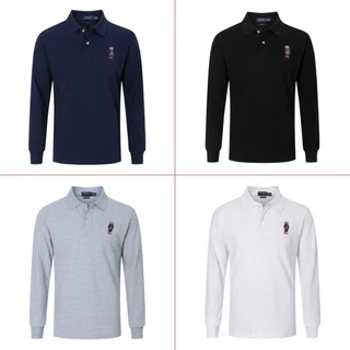 Pequeno Urso Masculino Manga Comprida Gola Flip Camisa Polo Cinco Cores Bordado Cor Sólida Algodão casual Topo