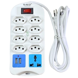 Extensão Elétrica 8 Tomadas Régua Bivolt Com 2 Usb Cabo 5Metros 110/220v BM-8688