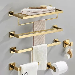 Acessórios De Banheiro Em Aço Inoxidável Quadrado Suporte Toalhas Douradas/Pretas/Cromadas