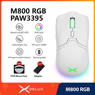 Delux M800 RGB PAW3395 26000DPI Bluetooth Recarregável Programável Sem fio Mouse para Jogos Com Ratos Ergonômico Branco