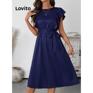 Lovito Vestido casual liso com babados e cadarço para mulheres LBL18476