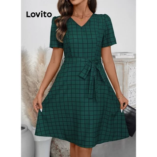 Lovito Vestido casual xadrez com cadarço e plissado geométrico para mulheres LBL18481
