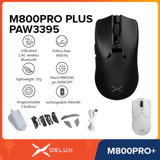 DELUX M800PRO PLUS PAW3395 8000Hz Recarregável 400mAh Até 26000 DPI Leve 57g Botões Programáveis Mouse Para Jogos Blueto