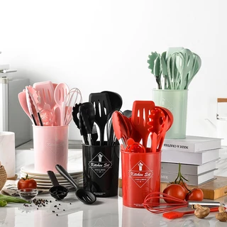 Kit De Conjunto De Cozinha Com 12 Peças De Silicone , Utensílios E Porta-Copos Alça De Madeira