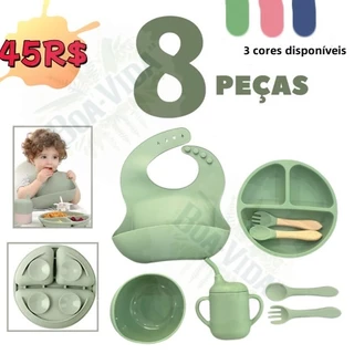 Talheres do Bebê 8PCS/Conjunto Prato De Jantar De Silicone Para Bebês Com Tigela De ventosa Sippy Cup Bibs Colher kit