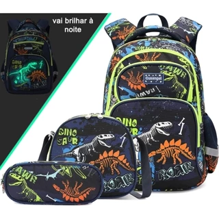 Kit Mochila Escolar Dinossauro Infantil Masculina + Lancheira Transversal + Estojo Menino