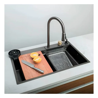 Cuba Cascata Premium Completa Com Torneira E Lavador De Copos Pia Cozinha Gourmet Aço Inox 304
