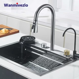 Pia De Cozinha Em Cascata De Aço Inoxidável 304 , Conjunto De Torneira Grande Com Slot Único , Lavadora De Copos
