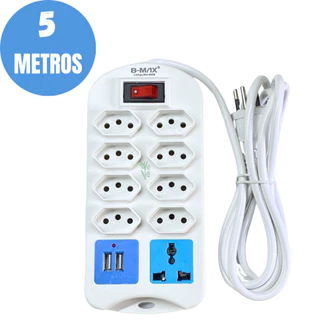 Extensão Elétrica 8 Tomadas Régua Bivolt Com 2 Cabos Usb/5 Metros 110/220v BM-8688