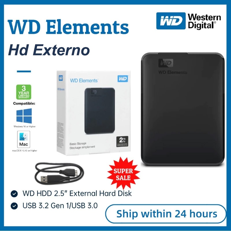 Hd Externo Original WD Elements Disco Rígido Portátil USB3.0 HDD 2TB ...
