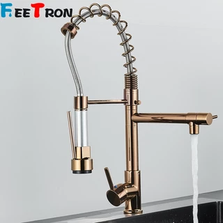 Torneira De Cozinha Gourmet Alça Única Com Extensor De Spray-Preto/Ouro Rosa