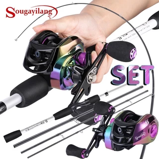 Sougayilang Combo Fundição Vara De Pesca Fibra Carbono 1.98M E Carretel De Arremesso 19 + 1BB/18 7.2 : 1 Relação Engrena