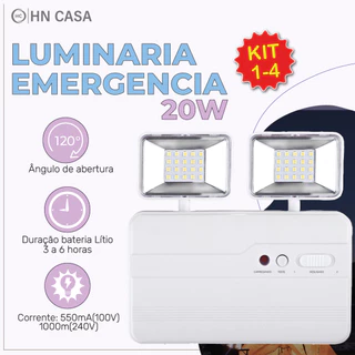 Kit 4 Luminária de Emergência LED PRO 20W com 2 Farol 40 LEDS Luz Branco Frio
