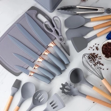 Kit 19 Peças Conjunto Talheres Utensílio Silicone Cozinha Co Cor preto verde rosa cinza