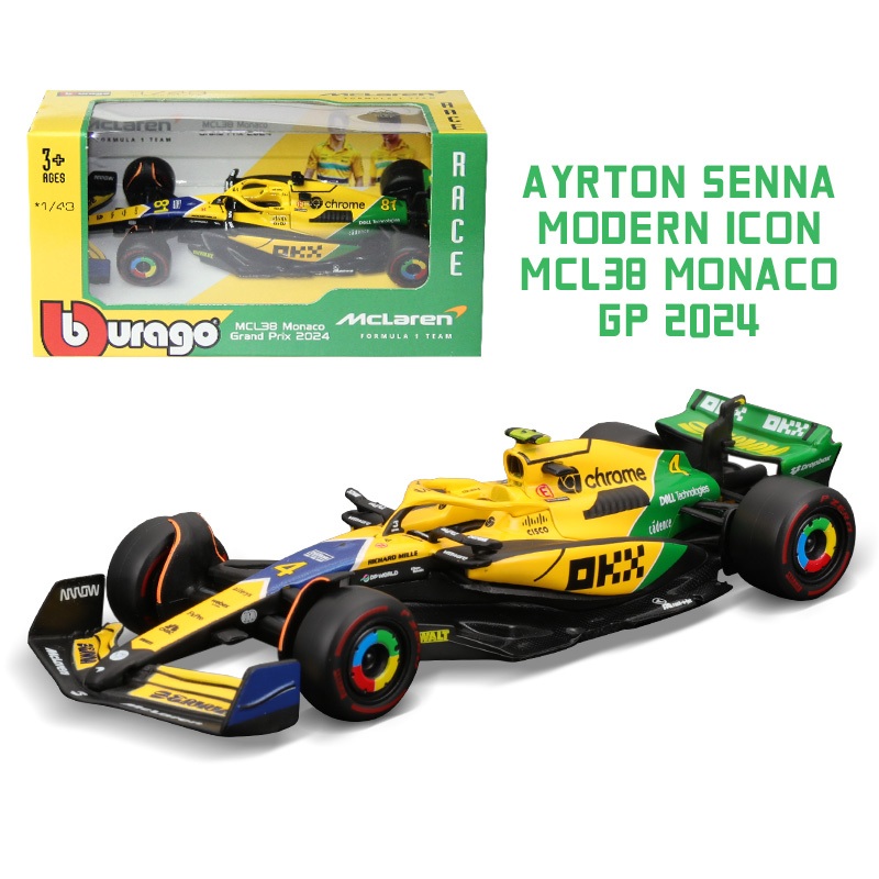 Bburago 1:43 F1 Mclaren MCL38 2024 Ayrton Senna Modern Icon Monaco
