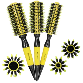 kit 3 Escova De Cabelo Térmica Amarela Mista Cerdas De Javali Madeira