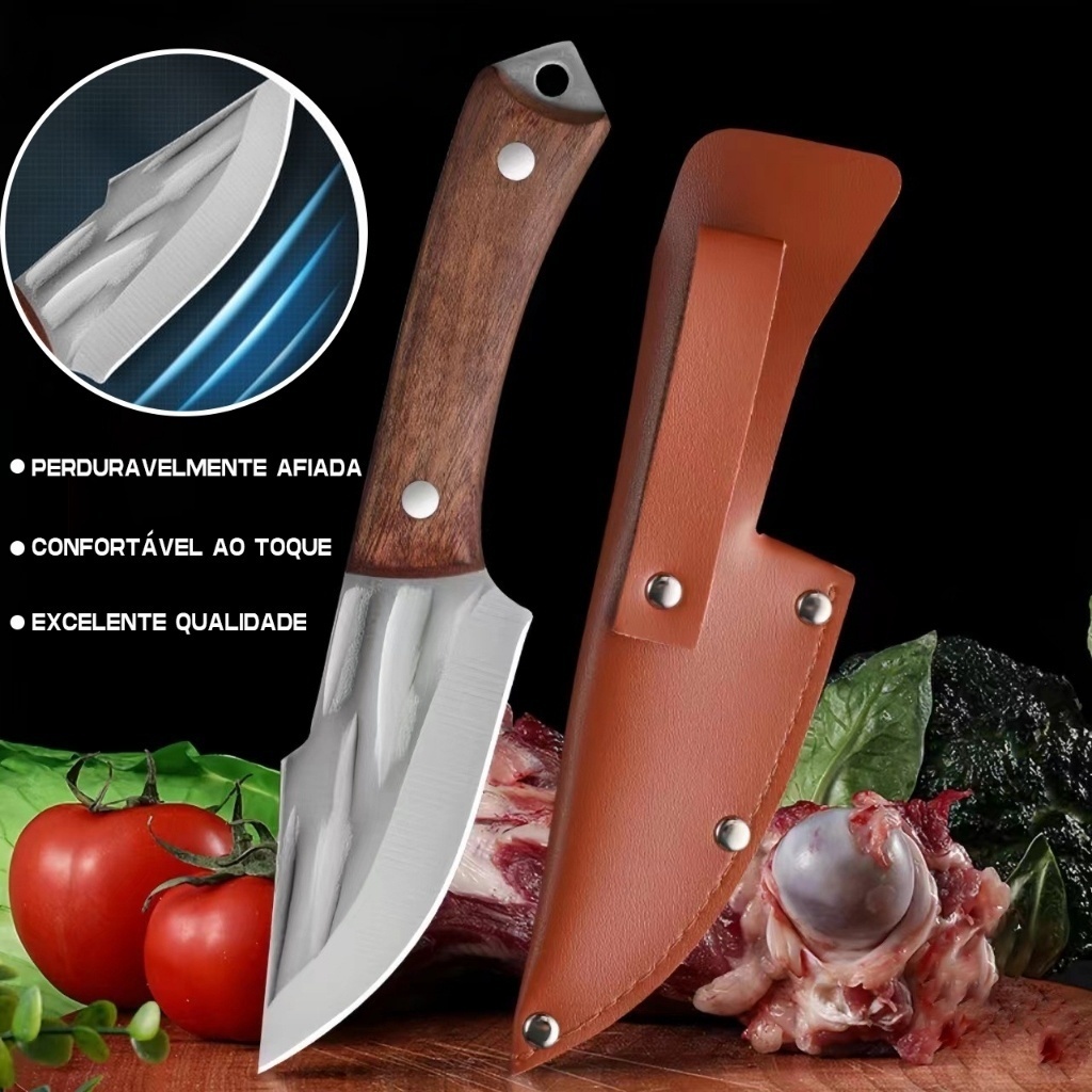 Faca Cutelo Forjado Artesanal Rustico Com Bainha Churrasco Desossar Carne Camping Chefe de Cozinha BM-DJ319