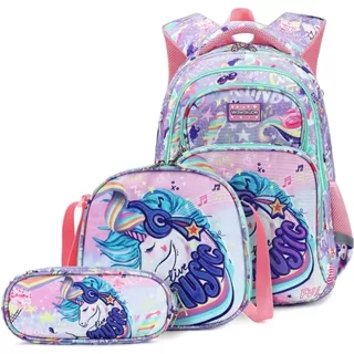 Kit Mochila Escolar Unicórnio Infantil Feminino + Lancheira Termica + Estojo Grande Menina