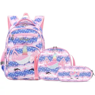 Kit Mochila Unicórnio Infantil Feminina com Lancheira Termica e Estojo Escolar Menina - 3 Peças