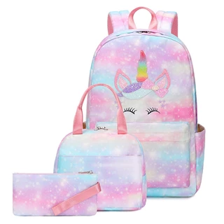 Kit Mochila De Costa Infantil Escolar Feminina Com Estojo Menina e Lancheira Unicórnio