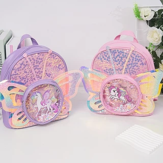 Mochila Escolar Infantil Menina Unicórnio e Borboleta - Tamanho Pequeno para Creche/ Passeios