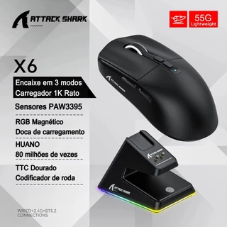 Mouse Bluetooth Attack Shark X6 PixArt PAW3395 Conexão Tripla Base De Carregamento De RGB