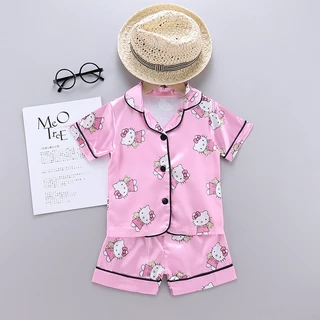 Olá Kitty Meninas Dos Desenhos Animados Conjunto De Pijama 2025 Verão Crianças Gelo Seda Lapela Topo Shorts Pijamas Tern em Oferta na Shopee