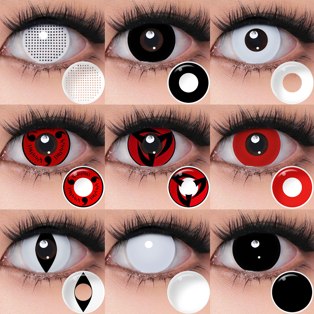 Pseyeche Lente De Contato Branca Halloween Cosplay Lentes Anime Anual Role-playing Preto Vermelho 1 Par