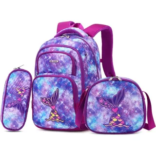 Kit Mochila Escolar Infantil Juvenil Feminina Grande Capacidade com Lancheira Sereia e Estojo Menina