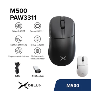 Delux M500 Gaming Mouse PAW3311 DPI MAX 12000 Bluetooth Ratos Recarregáveis Com Fio E Sem 59g Design Ergonômico Assimétr