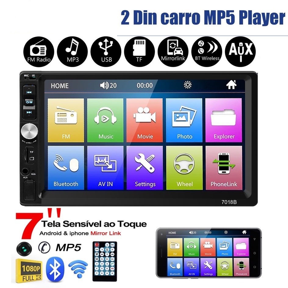 Multimídia Central MP5 Automotiva Bluetooth 2 Din 7 Polegas USB/AUX/TF ...