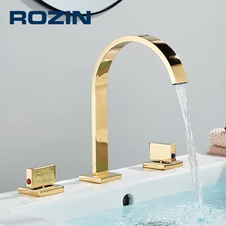 Torneira Para Lavatório Banheiro Com Alça Dupla,Bancada Quente E Frio Misturador,Dourado/Cromado