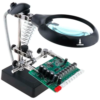 Lupa De Bancada Mesa Aumento 10x Com Suporte 5 Leds 3 Lentes Garras De Solda