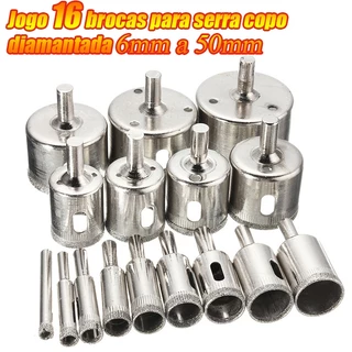 Jogo 16 Brocas Diamantadas Serra Copo furar Vidro Granito Ceramica 6 a 50 mm kit ferramentas