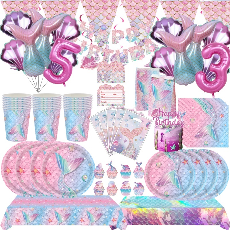 Talheres Descartáveis Para Festa De Sereia , Gradiente , Cauda De Peixe , Pratos De Papel , Guardanapos , Decoração De A