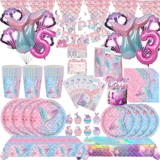 Talheres Descartáveis Para Festa De Sereia , Gradiente , Cauda De Peixe , Pratos De Papel , Guardanapos , Decoração De A