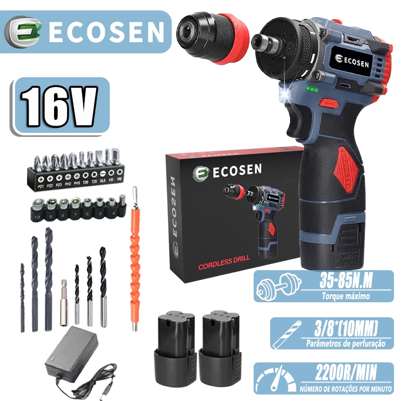 Parafusadeira elétrica 2 Bateriascom furadeira de lítio 2 em 1 de 16,8 V e torque de 45 Nm com motor sem escova 2 Bater
